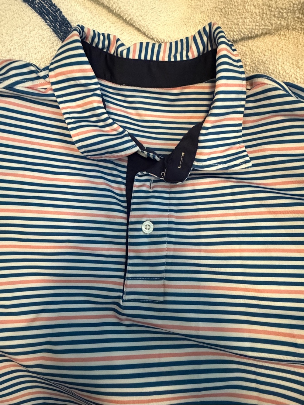 Southern Proper Striped Polo in Navy, White & Coral